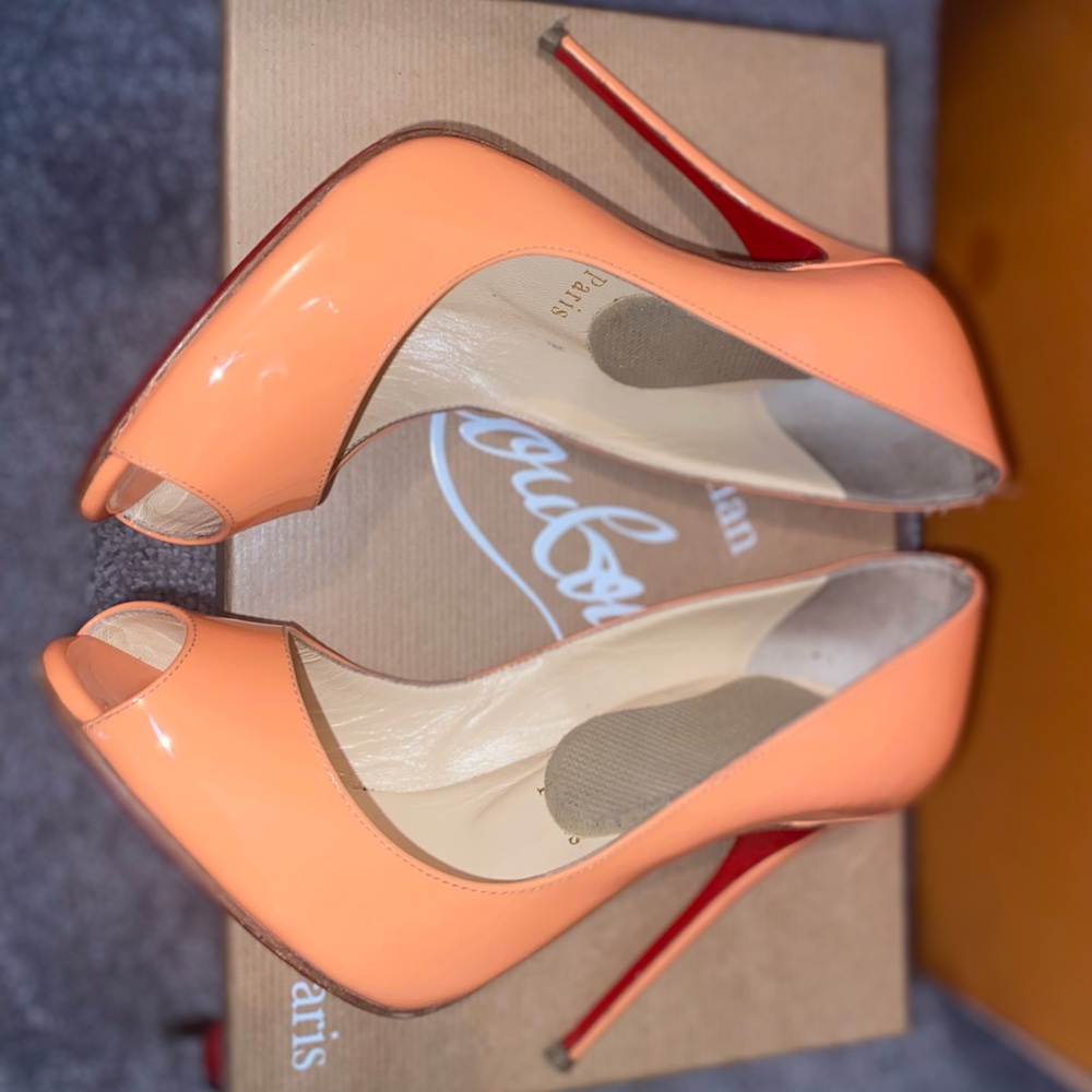 Christian Louboutin Youpu 120 Peep Toe Peach Mango Herls